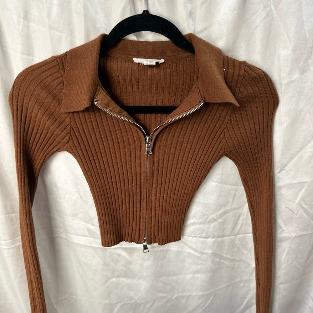 Brown Ribbed Zip-Up Sweater